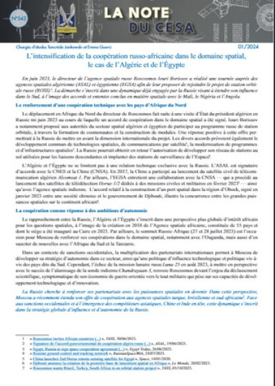 LU. "LA NOTE DU CESA" :  "L’intensification de la coopération russo-africaine dans le domaine spatial, le cas de l’Algérie et de l’Égypte" - CESA